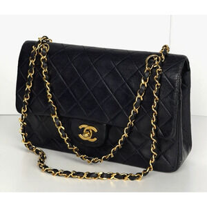 Chanel Vintage Classic Double Flap Medium Leather Shoulder Bag Navy Ink F1